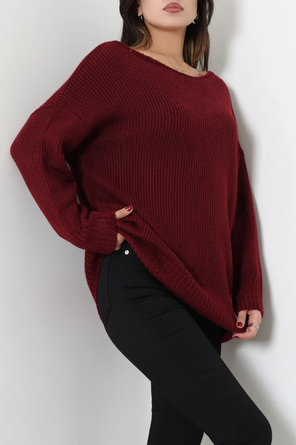 Kadın Bordo Düşük Kol Oversize Triko Kazak 3
