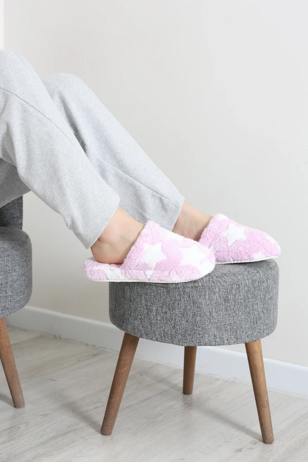 Peluş Desenli Kadın Ev Terliği Pembe 4