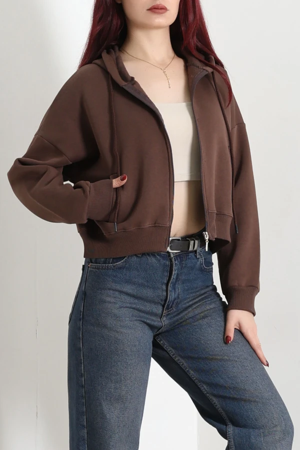 Kadın Kahve Oversize 3 İplik Kompakt Fleto Cepli Sweat Tunik 3