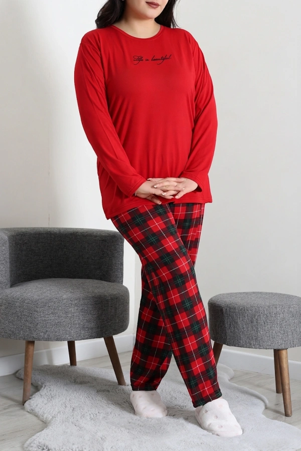 Kadın Kırmızı Ekose Desenli Büyük Beden Baskılı Pijama Takımı 3