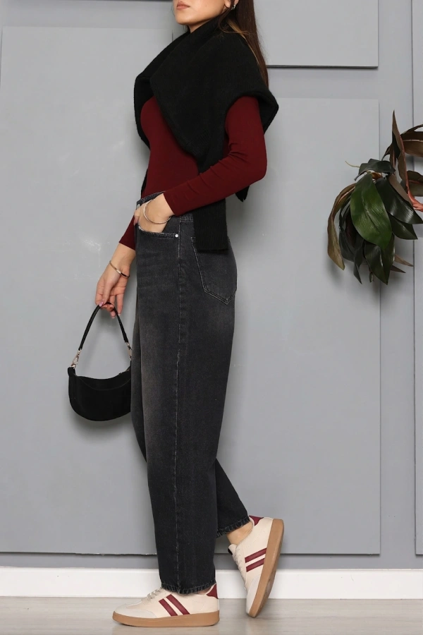 Kadın Koyu Füme Baggy Fit Yüksek Bel Kot Pantolon 6