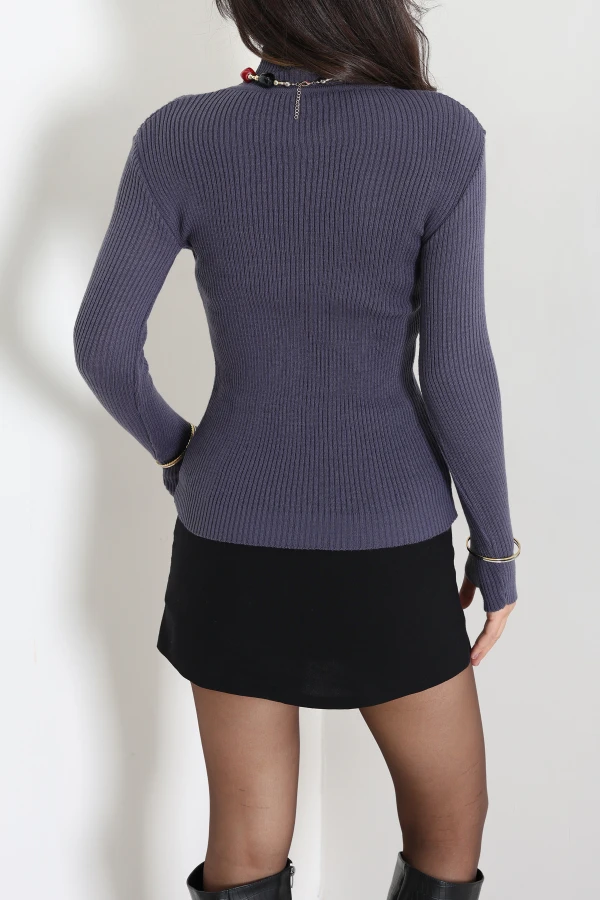 Kadın Lila Dik Yaka Parmak Geçmeli Triko Body 8