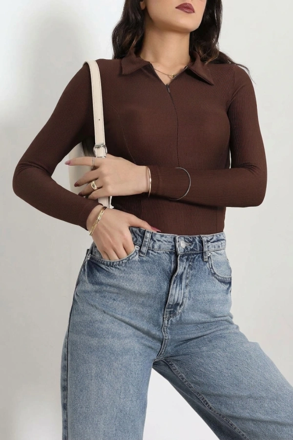 Polo Yaka Fermuarlı Body Kahve 5