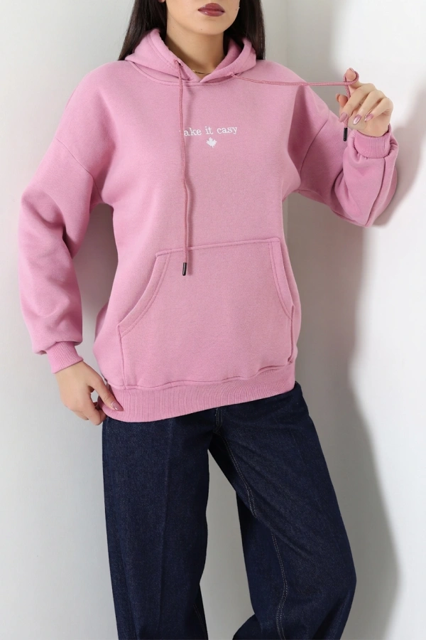 Kadın Pembe Üç İplik Kapüşonlu Nakışlı Sweat Tunik