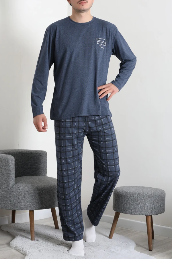 Erkek Koyu Mavi Süprem Ekose Bisiklet Yaka Uzun Kol Cepli Pijama Takımı