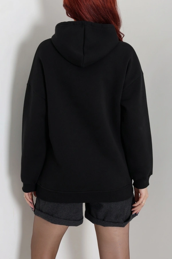 Kadın Siyah Üç İplik Baskılı Kapüşonlu Oversize Sweat 8