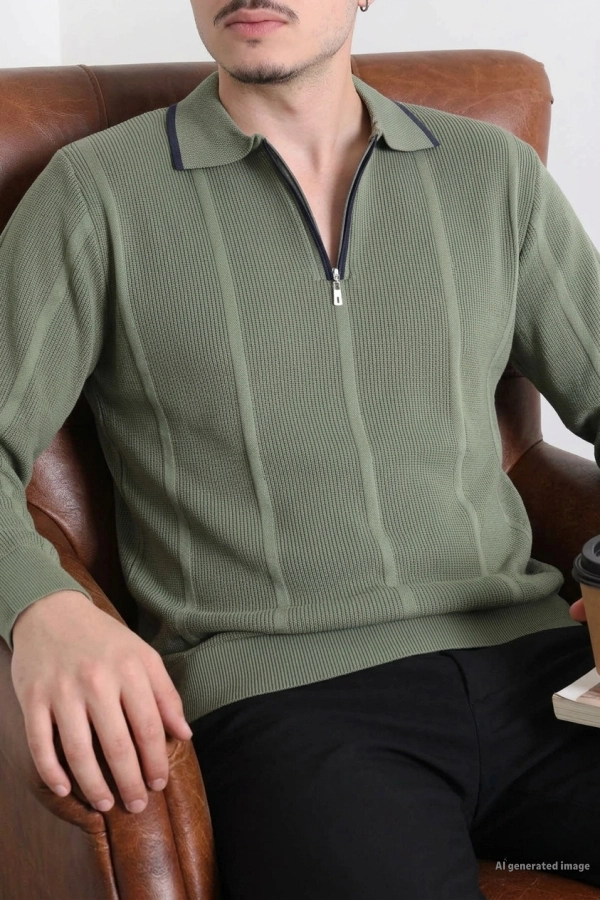 Çizgili Polo Yaka Erkek Triko Sweat Haki
