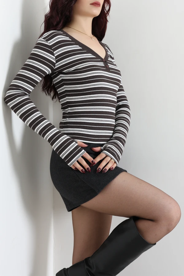 Çizgili Düğmeli Kaşkorse Body Kahvebej 3