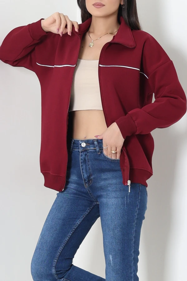 3 İplik Kompakt Oversize Biye Detaylı Sweat Bordo 3