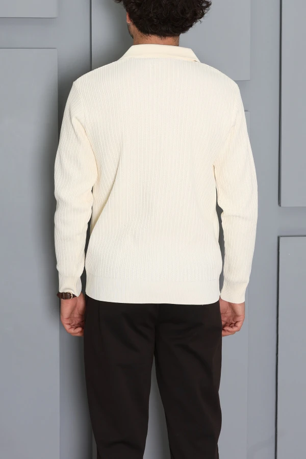 Fermuarlı Polo Yaka Erkek Triko Sweat Ekru 7