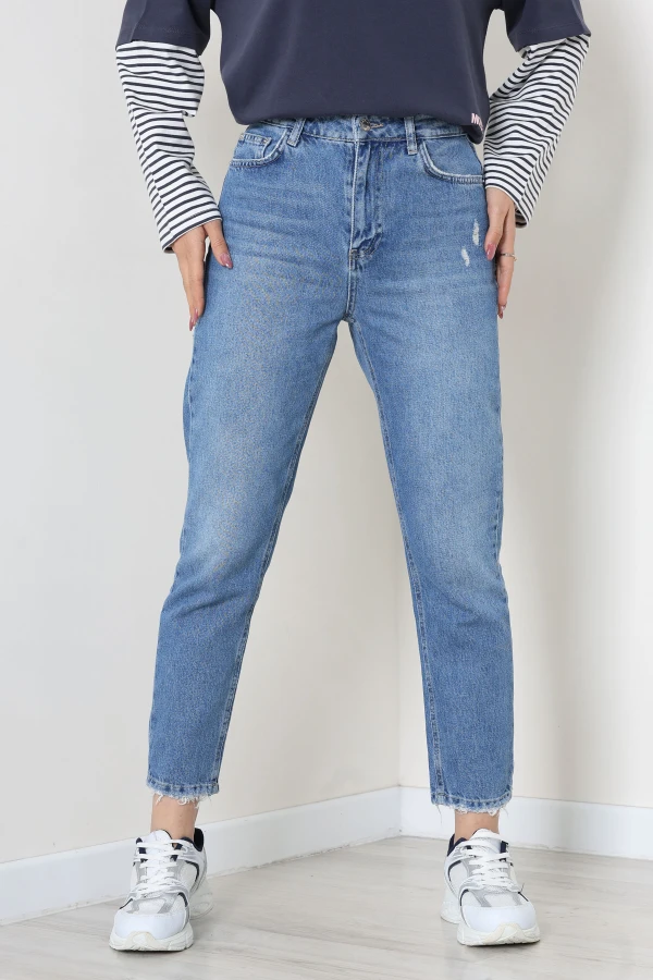 Kadın Mavi Mom Fit Yüksek Bel Pamuklu Kot Pantolon 2