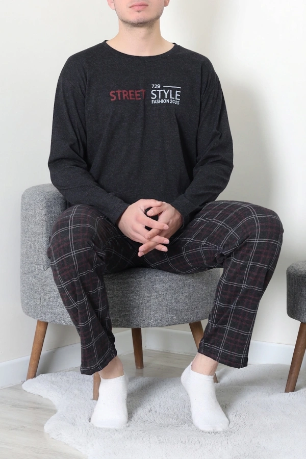Erkek Siyah Bordo Ekose Bisiklet Yaka Uzun Kol Cepli Pijama Takımı 3