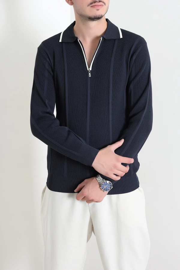 Çizgili Polo Yaka Erkek Triko Sweat Lacivert 5