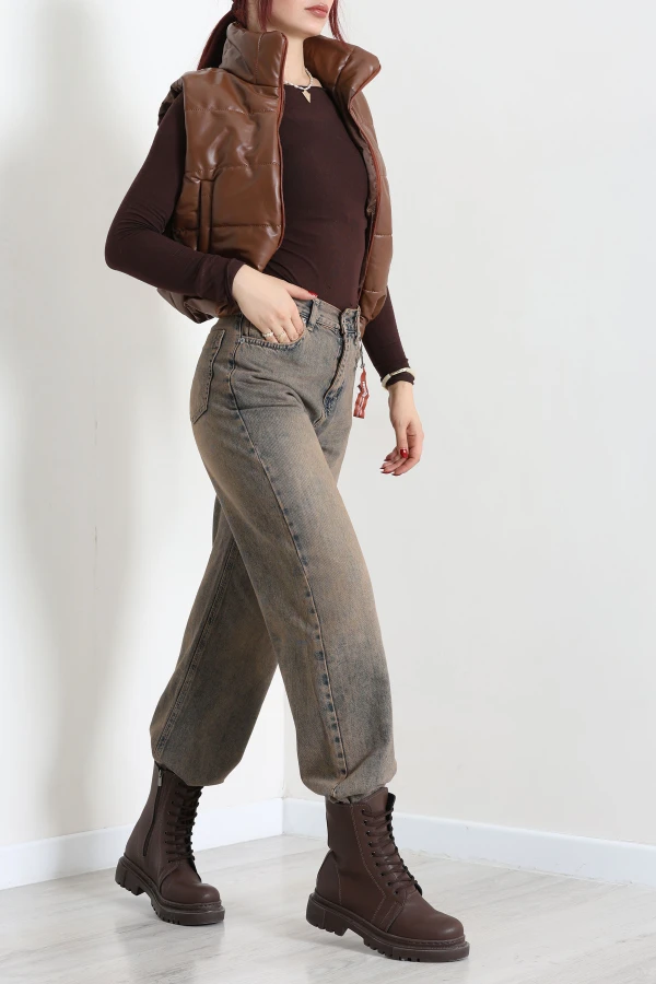 Astarlı Dik Yaka Deri Crop Yelek Taba 6