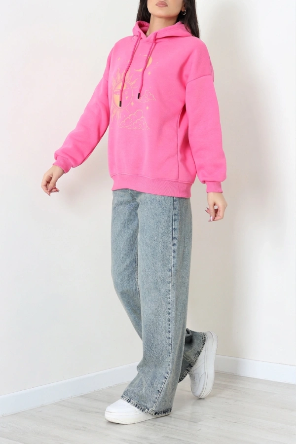 Kadın Pembe Üç İplik Kapüşonlu Baskılı Rahat Kalıp Sweat 4