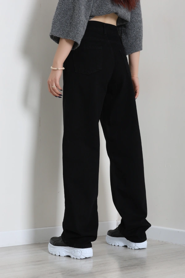 Kadın Siyah Baggy Fit Yüksek Bel Bol Paça Kot Pantolon 7