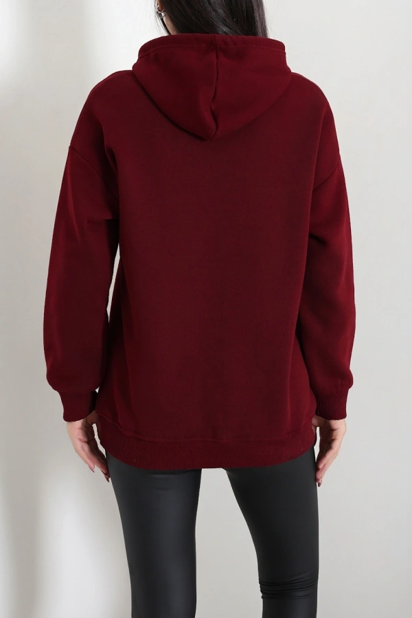 Üç İplik Kapşonlu Naskışlı Sweat Bordo 8