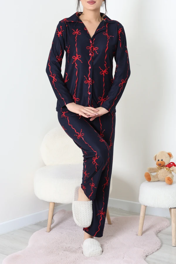 Süet Düğmeli Pijama Takımı Lacivertkırmızı 4