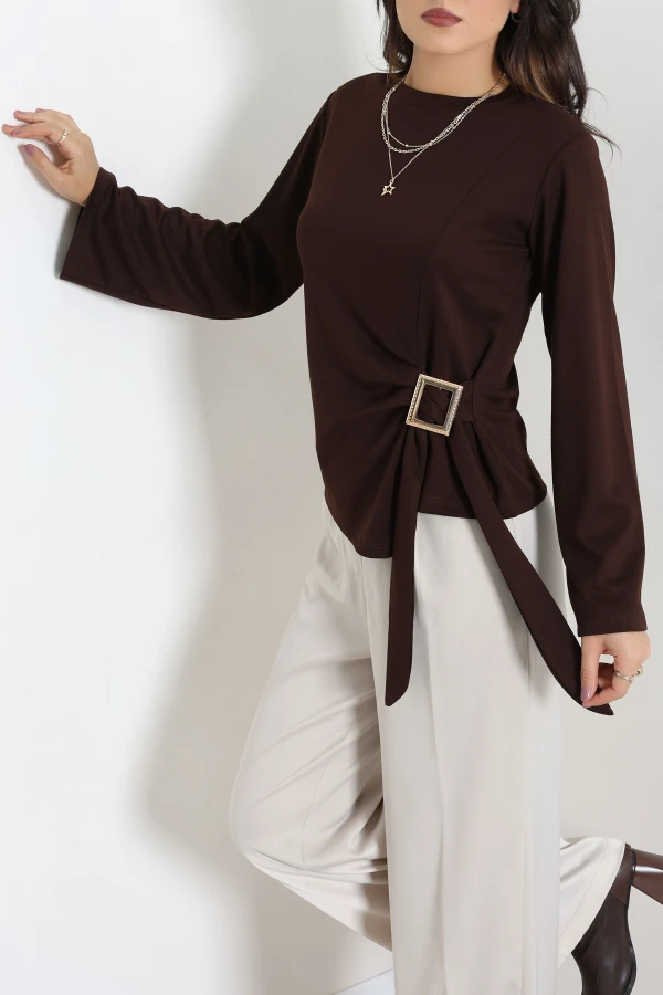 Toka Detaylı Kimono Kol Modal Bluz Acıkahve 5