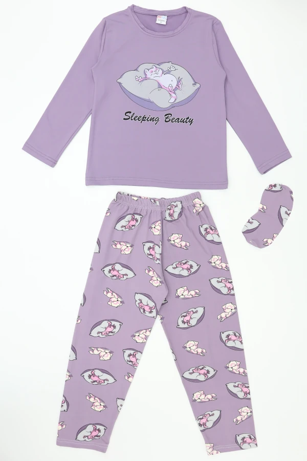Çocuk Mor 5-9 Yaş Pijama Takımı Uzun Kollu Pamuklu 5