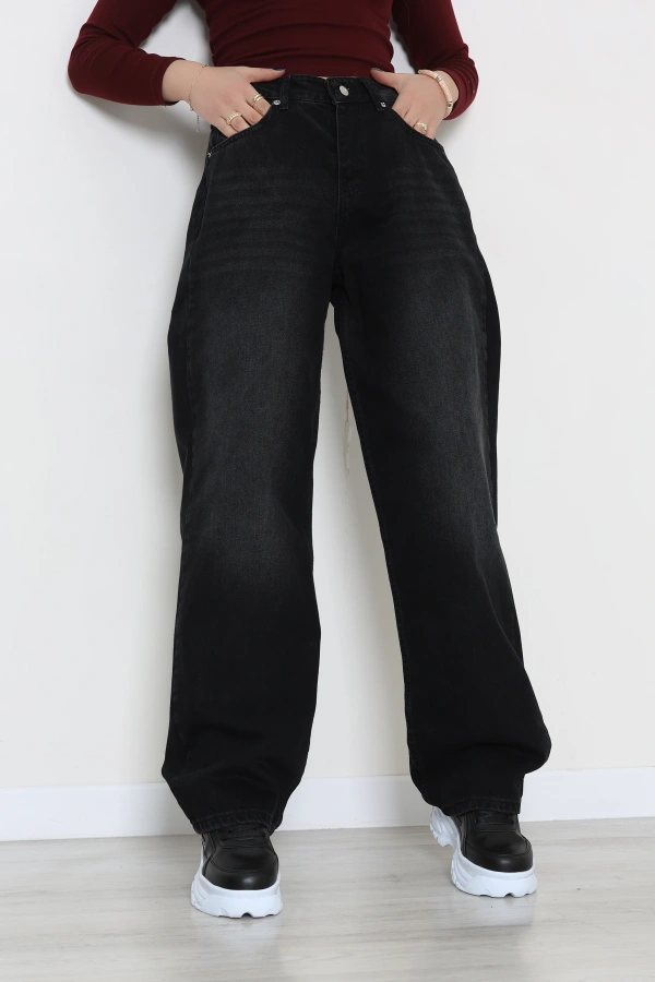 Kadın Koyu Füme Baggy Fit Yüksek Bel Kot Pantolon 2