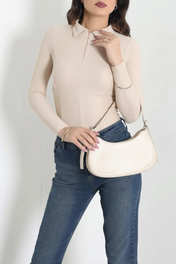 Polo Yaka Fermuarlı Body Bej 5
