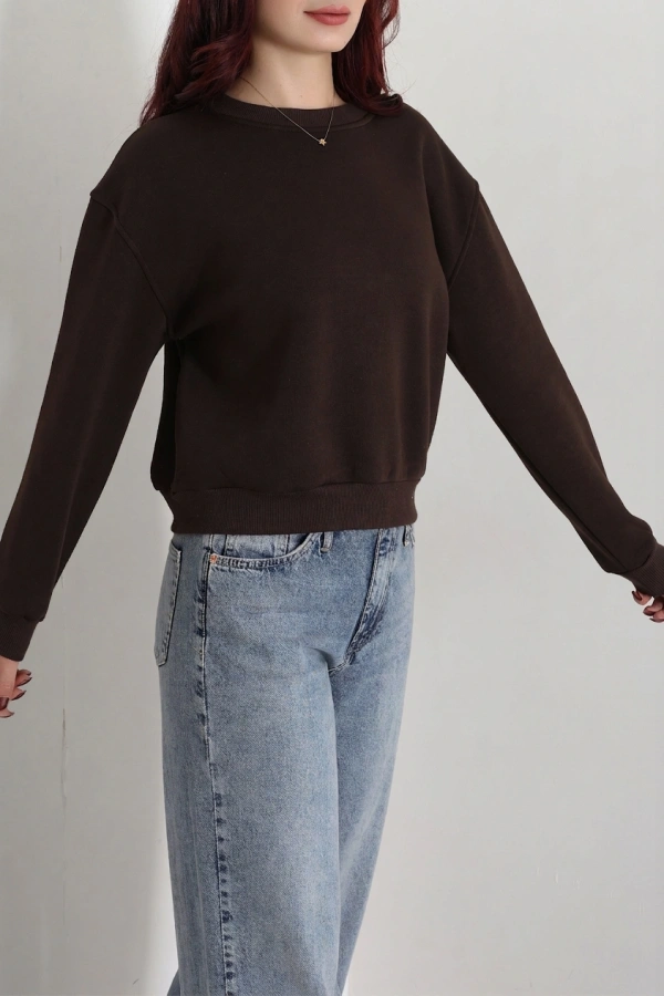 Kadın Kahve 3 İplik Bisiklet Yaka Şardonlu Sweatshirt 5
