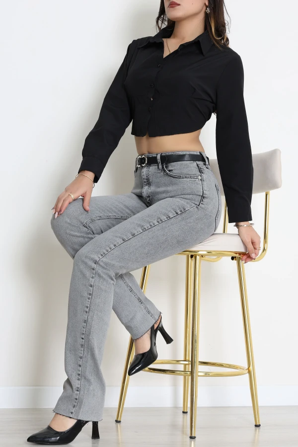Kadın Gri Kemerli Straight Fit Yüksek Bel Kot Pantolon 3