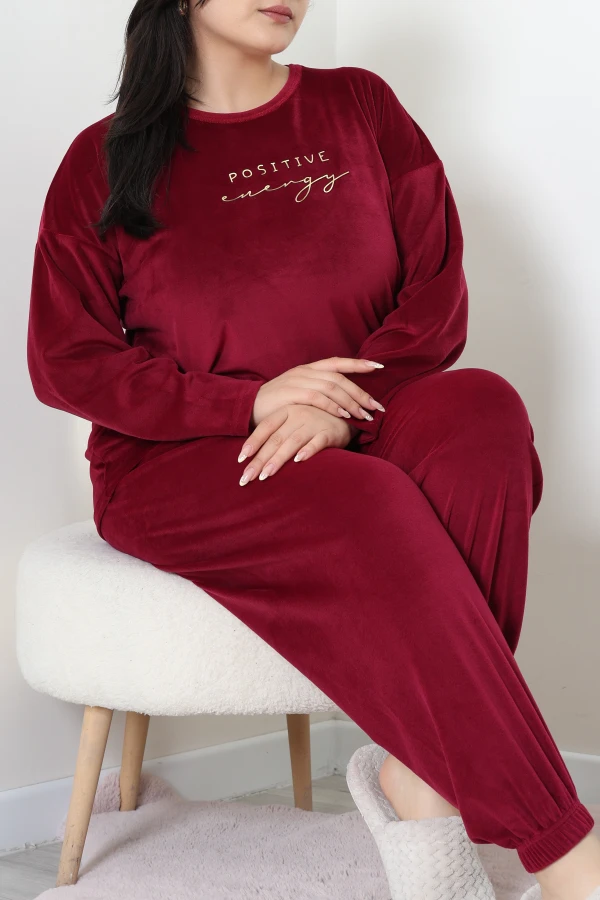 Fransız Kadife Büyük Beden Pijama Takımı Bordo