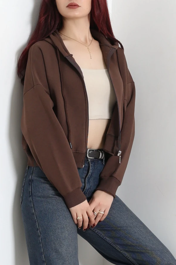 Kadın Kahve Oversize 3 İplik Kompakt Fleto Cepli Sweat Tunik 5