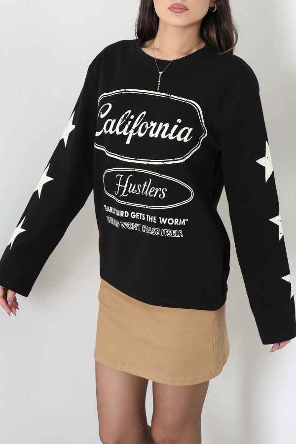 Kadın Siyah 2 İplik Baskılı Bisiklet Yaka Sweatshirt 7