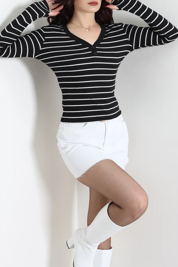 Çizgili Düğmeli Kaşkorse Body Siyah 3