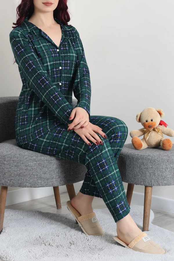 Kadın Zümrüt Yeşili Süet Düğmeli Rahat Kalıp Pijama Takımı 6