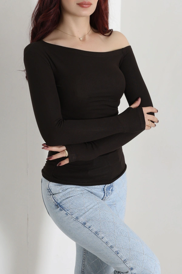Kadın Acıkahve Omuz Açık Parmak Geçmeli Basic Body