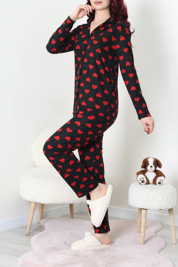 Süet Düğmeli Pijama Takım Siyahkalpli 7