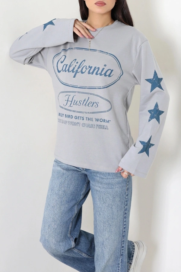 Kadın Dumangri 2 İplik Baskılı Bisiklet Yaka Sweatshirt 5