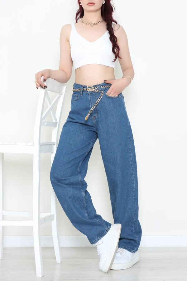 Kadın Mavi Baggy Fit Yüksek Bel Kot Pantolon 5