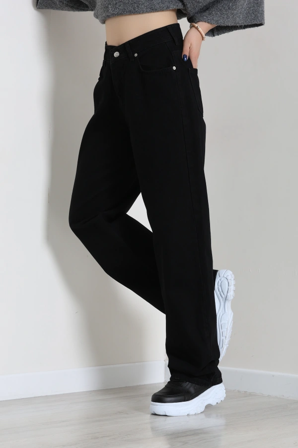 Kadın Siyah Baggy Fit Yüksek Bel Bol Paça Kot Pantolon 5