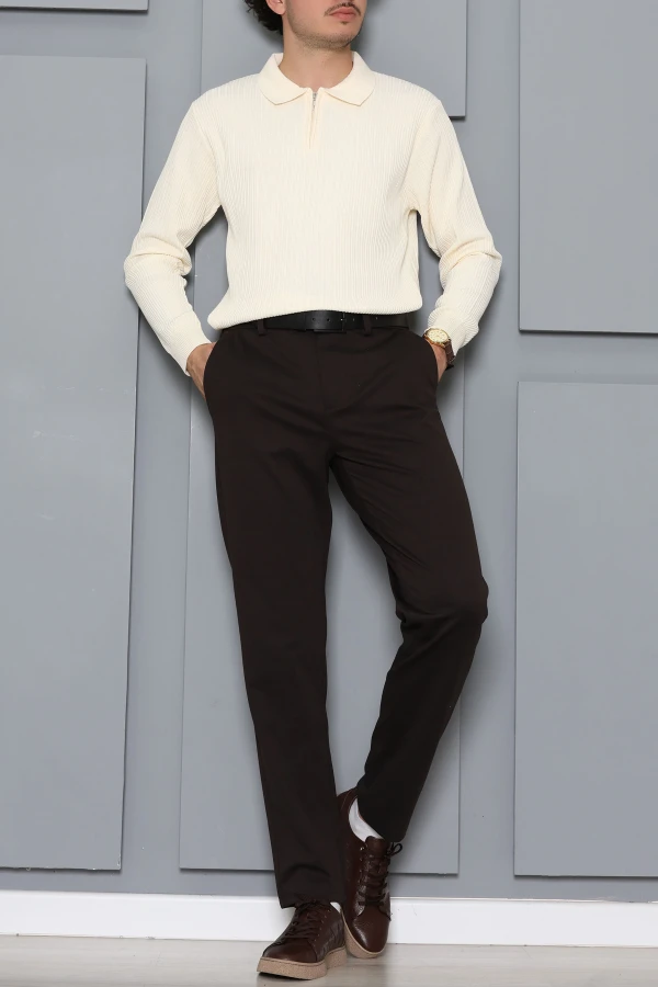 Fermuarlı Polo Yaka Erkek Triko Sweat Ekru 6