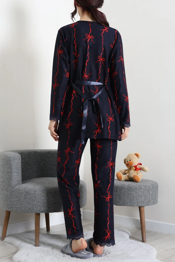 Süet 3'Lü Pijama Set Lacivertkurdele 8