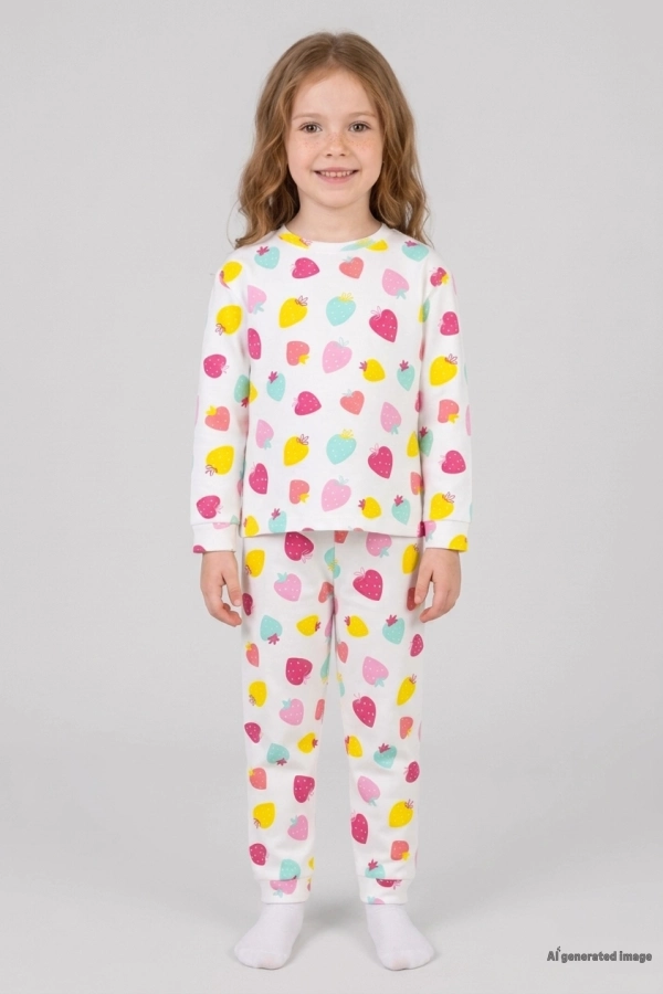 Çocuk Beyazpembe Pamuklu Rahat Kalıp Kız Pijama Takımı 3