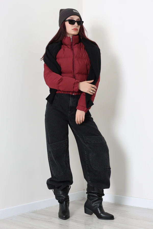 Beli Lastikli Şişme Mont Bordo 3
