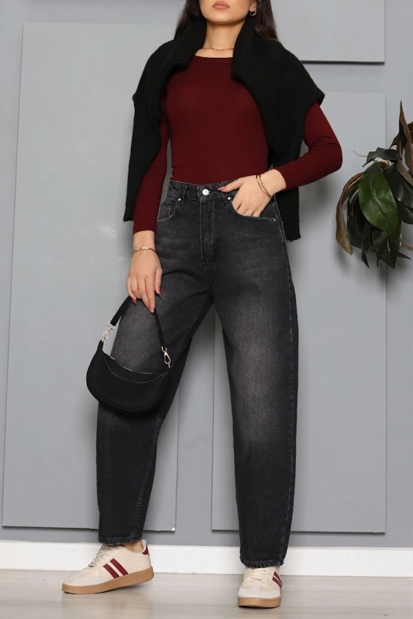 Kadın Koyu Füme Baggy Fit Yüksek Bel Kot Pantolon 3