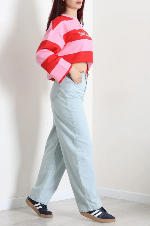 Kadın Buz Mavi Baggy Fit Yüksek Bel Kot Pantolon 4