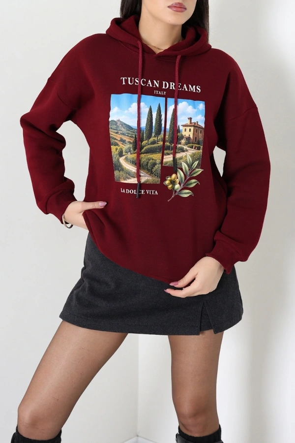 Kadın Bordo Üç İplik Kapüşonlu Baskılı Sweat Tunik 3