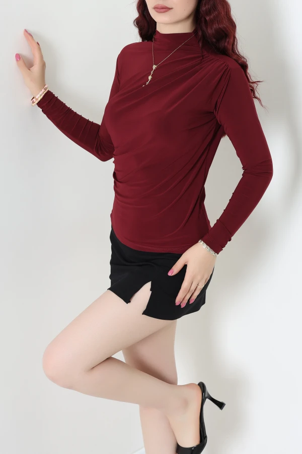 Drapeli Dik Yaka Sandy Bluz Bordo 5