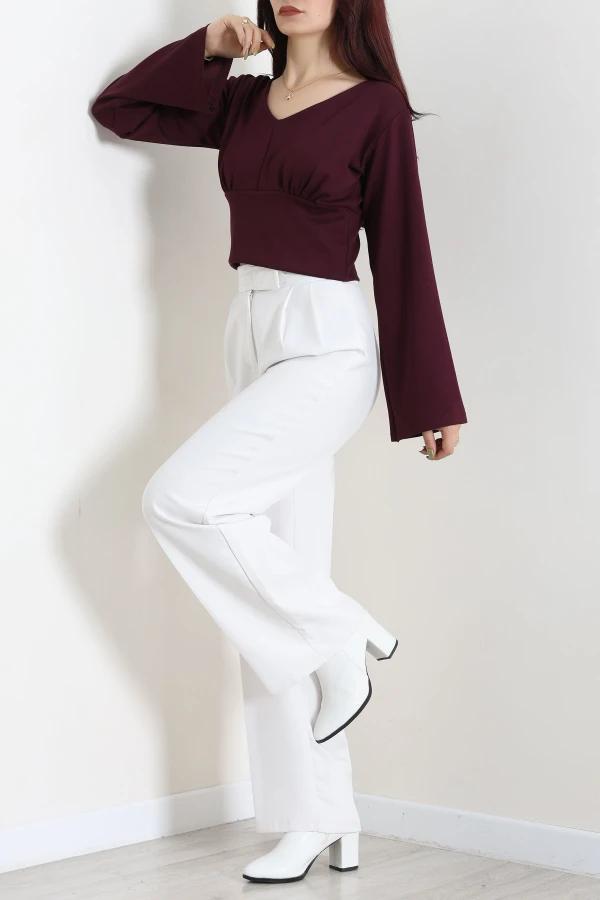 Belden Oturtmalı Kimono Kol Modal Bluz Mürdüm 6