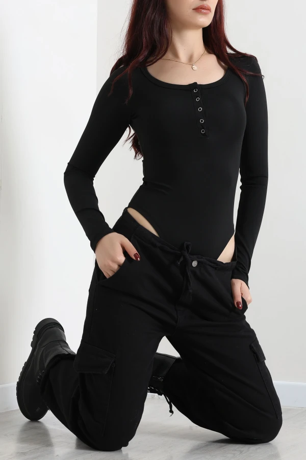 Kadın Siyah Uzun Kol Bisiklet Yaka Çıtçıtlı Body