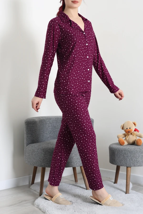 Kadın Mürdüm Süet Düğmeli Pijama Takımı Rahat Kalıp 4