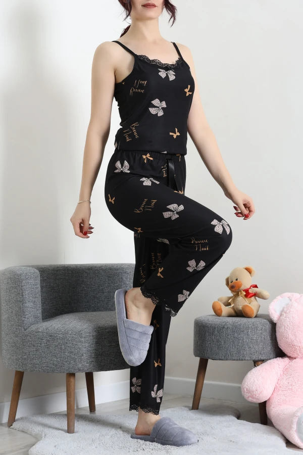 Süet 3'Lü Pijama Set Siyahbej 6